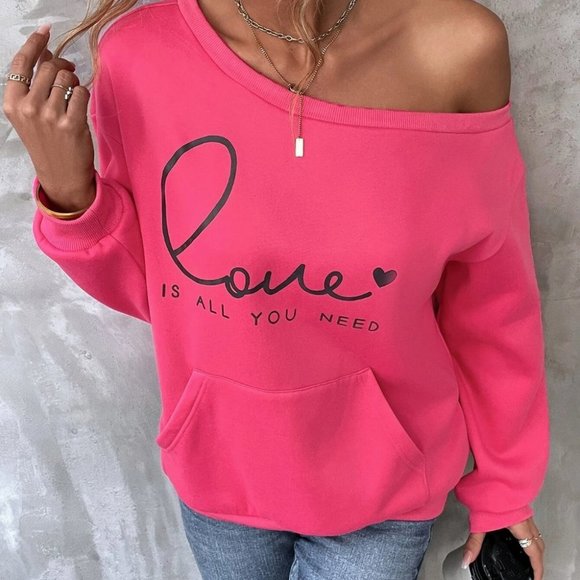. Tops - Pink Preppy Womens Heart & Slogan Graphic Kangaroo Pocket Sweatshirt
